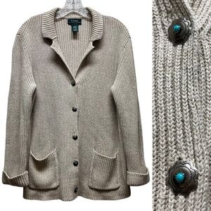 LRL Western Cardigan Turquoise Silver Concho Button Silk Linen Blend L Oatmeal
